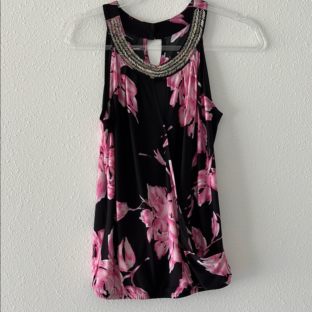 I.N.C Black Halter Top Pink Floral Beaded Neckline